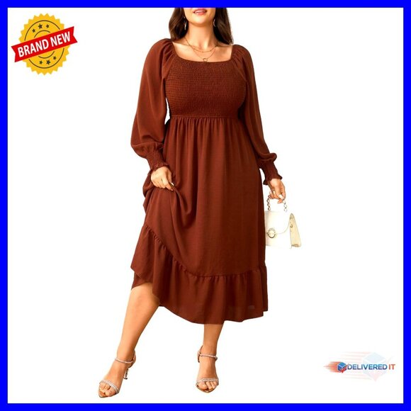 Dresses & Skirts - Plus Size Maxi Dress Long Sleeve Square Neck Smocked Ruffle Swing Flowy